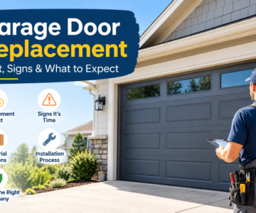 Garage door replacement guide covering replacement cost, warning signs, material options, and professional installation.
