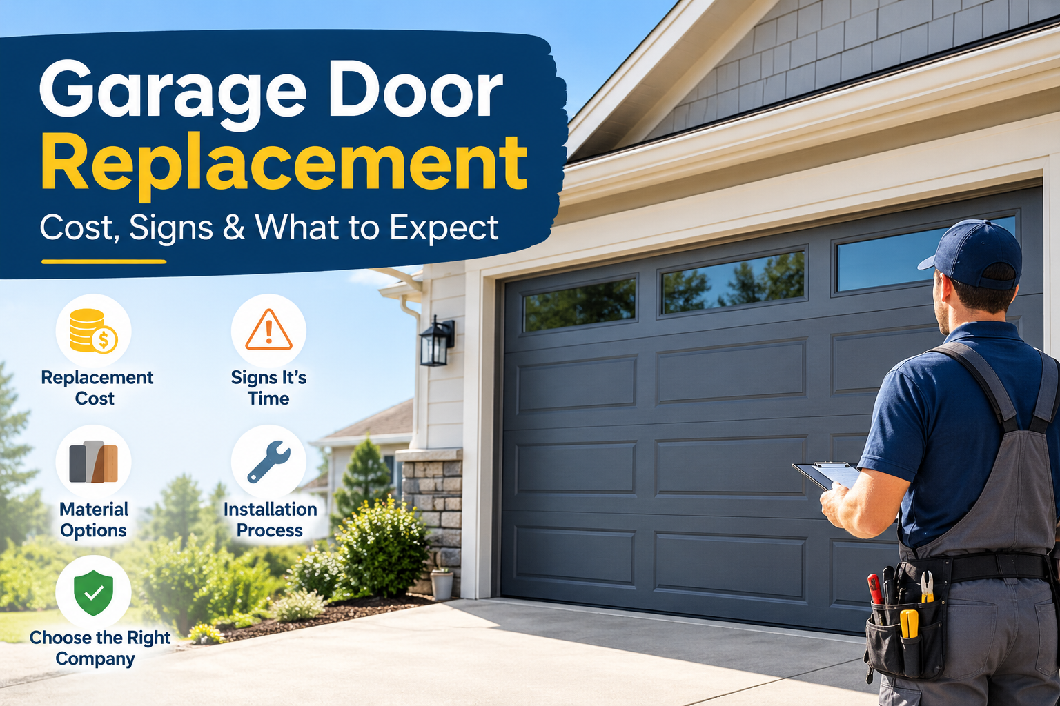 Garage door replacement guide covering replacement cost, warning signs, material options, and professional installation.